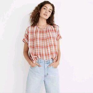 Madewell Orange Plaid Short Sleeve Shirred Boxy Blouse‎ Size XS